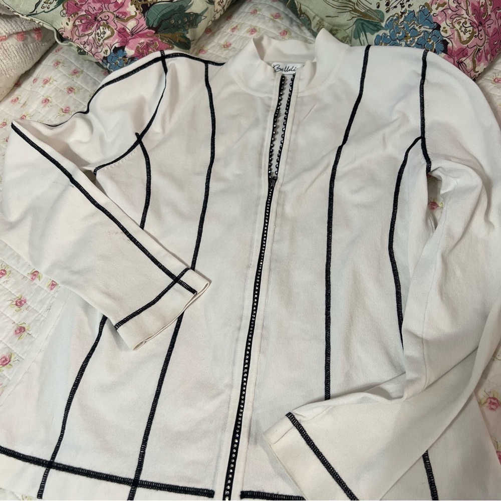 Vintage Athleisure White Track Style Jacket with Rhinestone Look Zipper